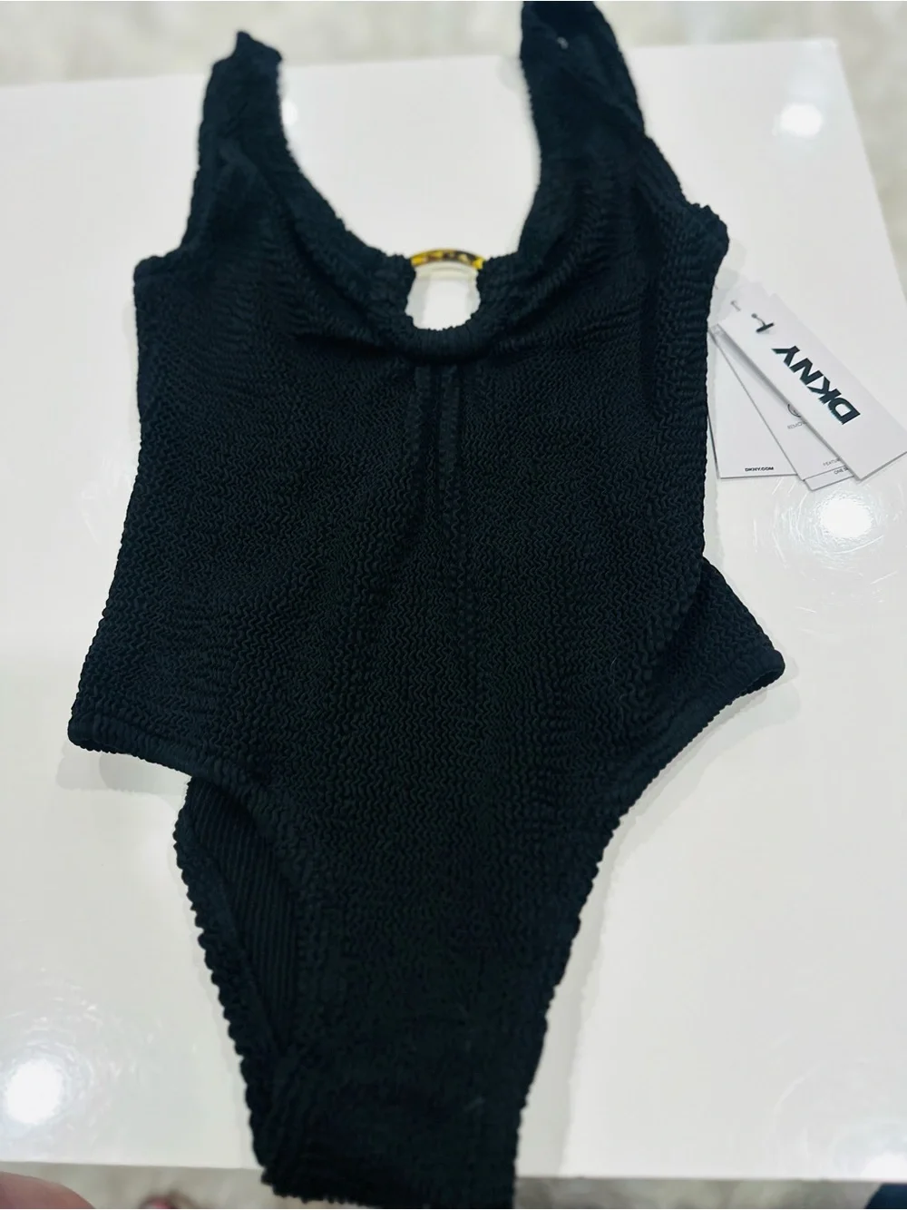 Dkny Black Textured One-Piece Swimsuit with Ring Detail